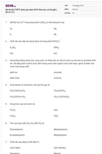 Đề thi thử THPT Quốc gia năm 2019 Hóa học có lời giải ( đề số 14 )