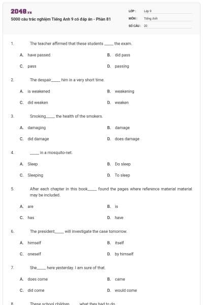 5000 câu trắc nghiệm Tiếng Anh 9 có đáp án - Phần 81