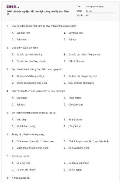 1400 câu trắc nghiệm Mô học đại cương có đáp án - Phần 13