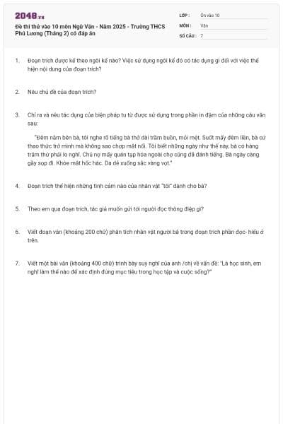 Đề thi thử vào 10 môn Ngữ Văn - Năm 2025 - Trường THCS Phú Lương (Tháng 2) có đáp án