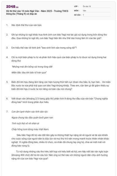 Đề thi thử vào 10 môn Ngữ Văn - Năm 2025 - Trường THCS Đống Đa (Tháng 9) có đáp án