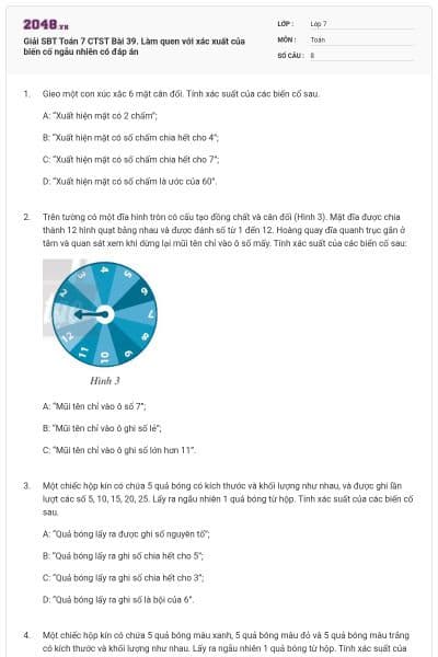 Giải SBT Toán 7 CTST Bài 39. Làm quen với xác xuất của biến cố ngẫu nhiên có đáp án