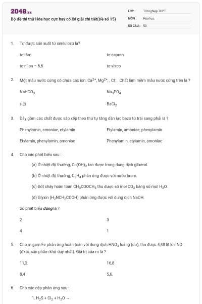 Bộ đề thi thử Hóa học cực hay có lời giải chi tiết(Đề số 15)