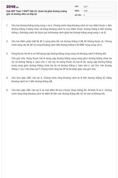 Giải SBT Toán 7 KNTT Bài 32. Quan hệ giữa đường vuông góc và đường xiên có đáp án