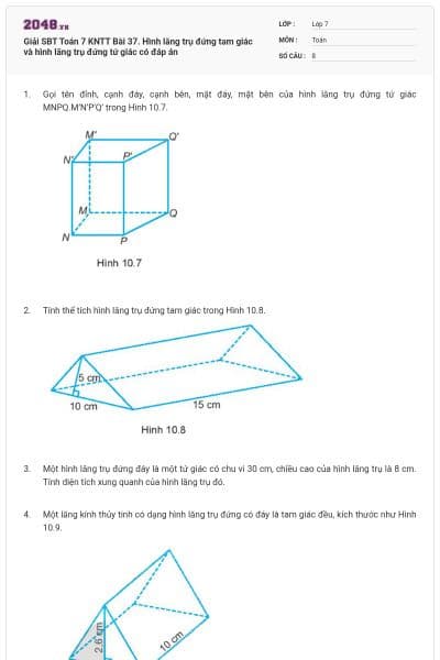 Giải SBT Toán 7 KNTT Bài 37. Hình lăng trụ đứng tam giác và hình lăng trụ đứng tứ giác có đáp án