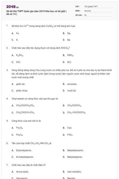 Đề thi thử THPT Quốc gia năm 2019 Hóa học có lời giải ( đề số 14 )