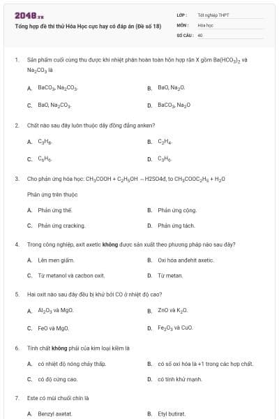 Tổng hợp đề thi thử Hóa Học cực hay có đáp án (Đề số 18)