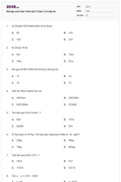 Bài tập cuối tuần Toán lớp 5 Tuần 3 có đáp án