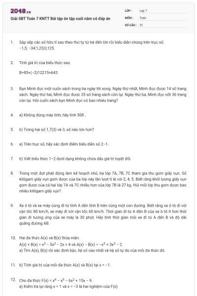 Giải SBT Toán 7 KNTT Bài tập ôn tập cuối năm có đáp án