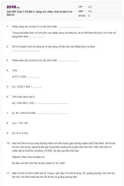 Giải VBT Toán 7 CD Bài 2. Cộng, trừ, nhân, chia số hữu tỉ có đáp án