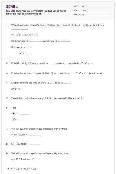 Giải VBT Toán 7 CD Bài 3. Phép tính lũy thừa với số mũ tự nhiên của một số hữu tỉ có đáp án