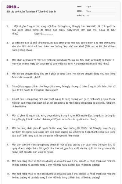 Bài tập cuối tuần Toán lớp 5 Tuần 4 có đáp án