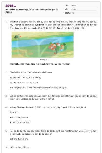 Bài tập Bài 33. Quan hệ giữa ba cạnh của một tam giác có đáp án