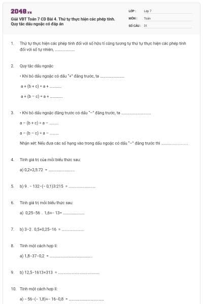 Giải VBT Toán 7 CD Bài 4. Thứ tự thực hiện các phép tính. Quy tắc dấu ngoặc có đáp án