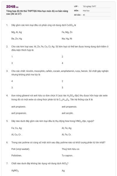 Tổng hợp đề thi thử THPTQG Hóa học mức độ cơ bản nâng cao (đề số 27)