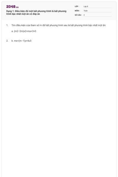 Dạng 1: Điều kiện để một bất phương trình là bất phương trình bậc nhất một ẩn có đáp án