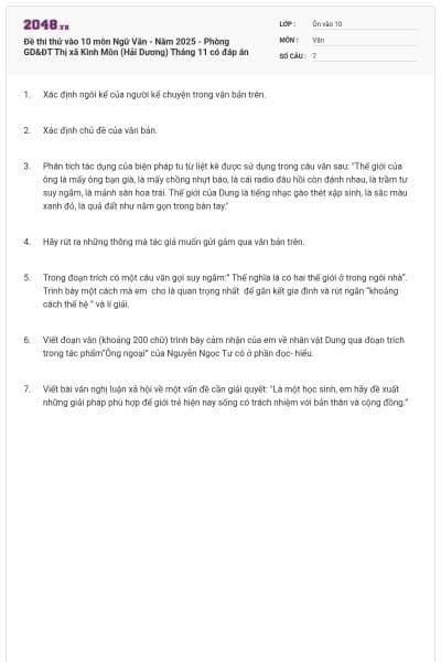 Đề thi thử vào 10 môn Ngữ Văn - Năm 2025 - Phòng GD&ĐT Thị xã Kinh Môn (Hải Dương) Tháng 11 có đáp án