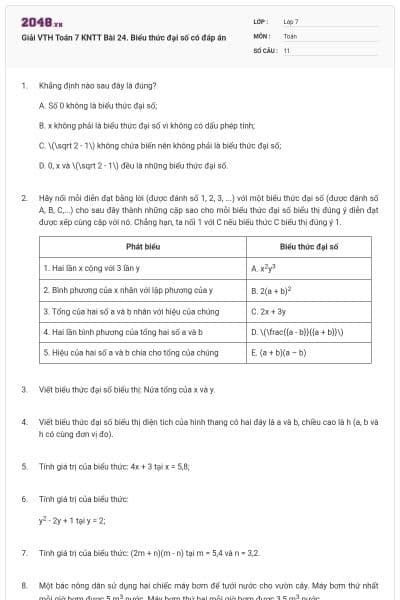 Giải VTH Toán 7 KNTT Bài 24. Biểu thức đại số có đáp án