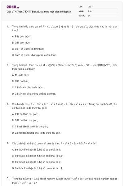 Giải VTH Toán 7 KNTT Bài 25. Đa thức một biến có đáp án