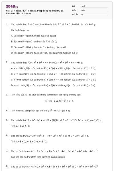 Giải VTH Toán 7 KNTT Bài 26. Phép cộng và phép trừ đa thức một biến có đáp án