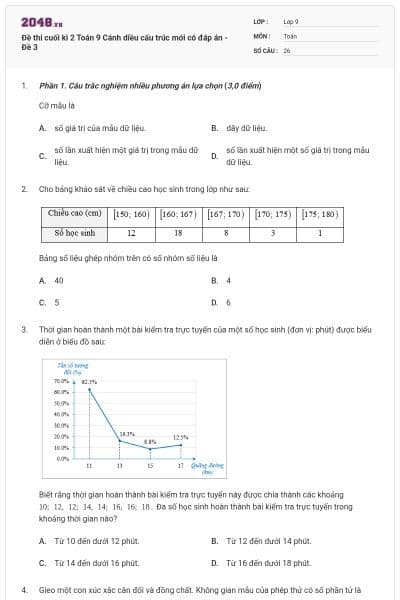 Đề thi cuối kì 2 Toán 9 Cánh diều cấu trúc mới có đáp án - Đề 3