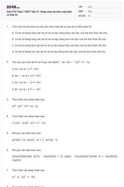 Giải VTH Toán 7 KNTT Bài 27. Phép nhân đa thức một biến có đáp án