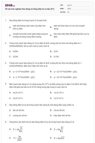 50 câu trắc nghiệm Dao động và Sóng điện từ cơ bản (P1)