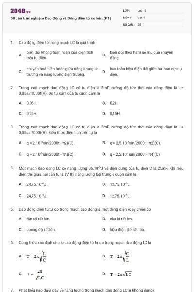 50 câu trắc nghiệm Dao động và Sóng điện từ cơ bản (P1)