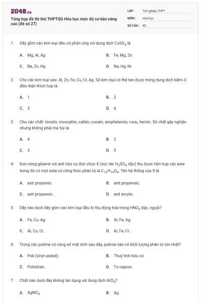 Tổng hợp đề thi thử THPTQG Hóa học mức độ cơ bản nâng cao (đề số 27)
