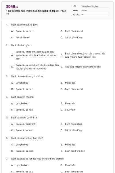 1400 câu trắc nghiệm Mô học đại cương có đáp án - Phần 16