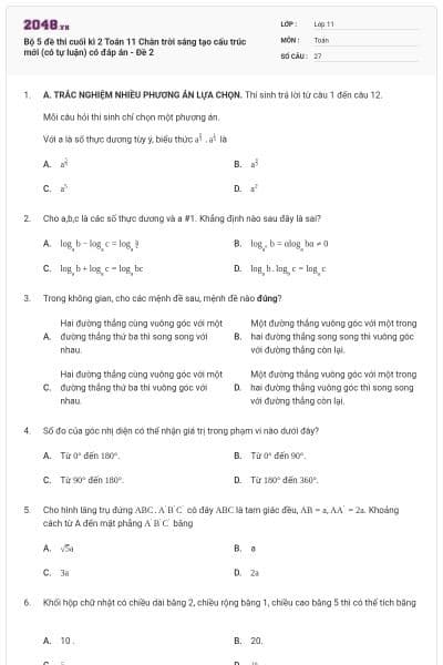 Bộ 5 đề thi cuối kì 2 Toán 11 Chân trời sáng tạo cấu trúc mới (có tự luận) có đáp án - Đề 2