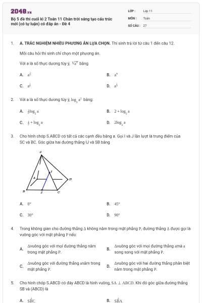 Bộ 5 đề thi cuối kì 2 Toán 11 Chân trời sáng tạo cấu trúc mới (có tự luận) có đáp án - Đề 4
