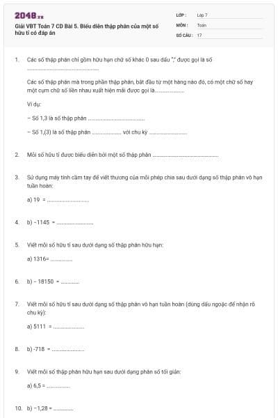 Giải VBT Toán 7 CD Bài 5. Biểu diễn thập phân của một số hữu tỉ có đáp án