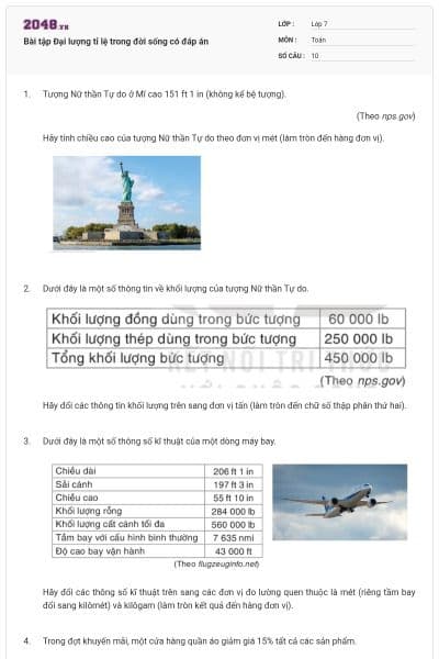 Bài tập Đại lượng tỉ lệ trong đời sống có đáp án