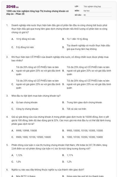 1000 câu trắc nghiệm tổng hợp Thị trường chứng khoán có đáp án - Phần 28