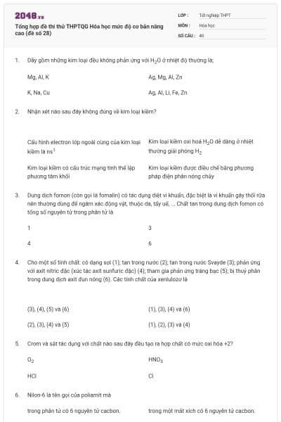 Tổng hợp đề thi thử THPTQG Hóa học mức độ cơ bản nâng cao (đề số 28)