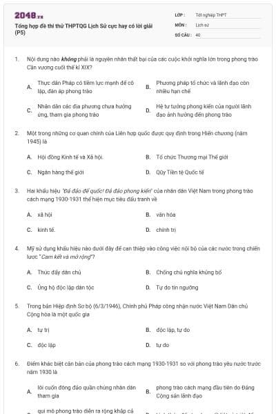 Tổng hợp đề thi thử THPTQG Lịch Sử cực hay có lời giải (P5)