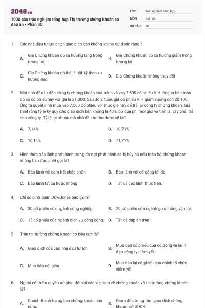 1000 câu trắc nghiệm tổng hợp Thị trường chứng khoán có đáp án - Phần 30