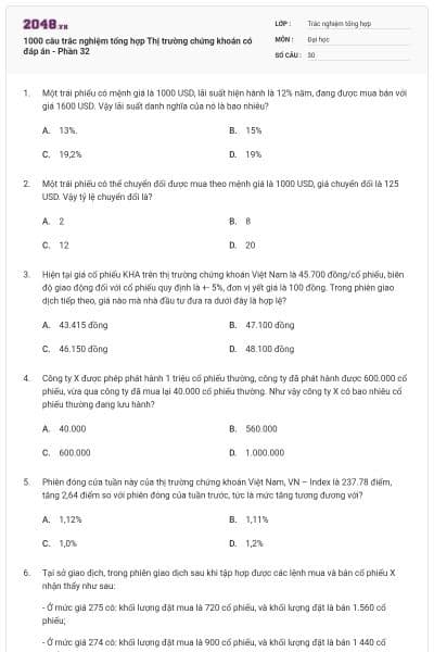 1000 câu trắc nghiệm tổng hợp Thị trường chứng khoán có đáp án - Phần 32
