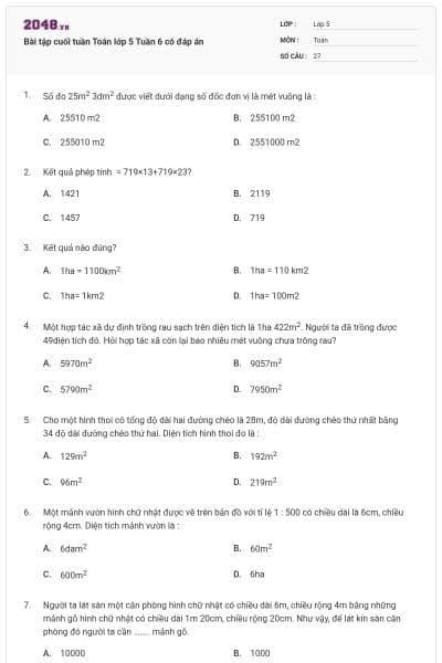 Bài tập cuối tuần Toán lớp 5 Tuần 6 có đáp án