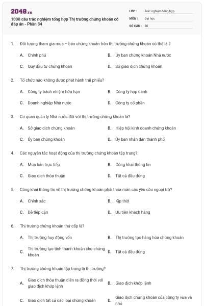 1000 câu trắc nghiệm tổng hợp Thị trường chứng khoán có đáp án - Phần 34