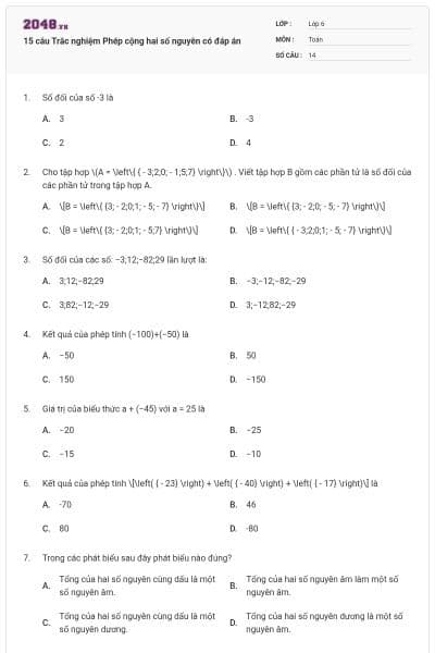 15 câu Trắc nghiệm Phép cộng hai số nguyên có đáp án