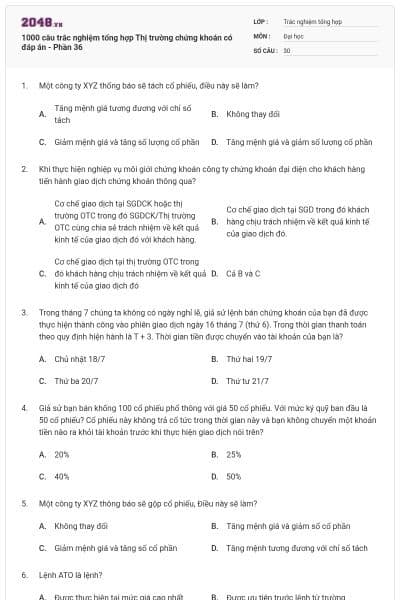1000 câu trắc nghiệm tổng hợp Thị trường chứng khoán có đáp án - Phần 36