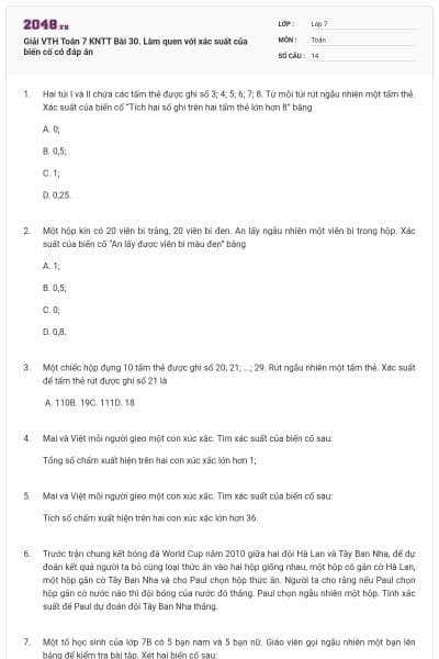 Giải VTH Toán 7 KNTT Bài 30. Làm quen với xác suất của biến cố có đáp án
