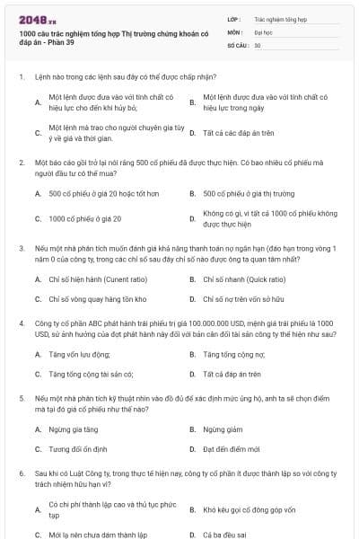 1000 câu trắc nghiệm tổng hợp Thị trường chứng khoán có đáp án - Phần 39