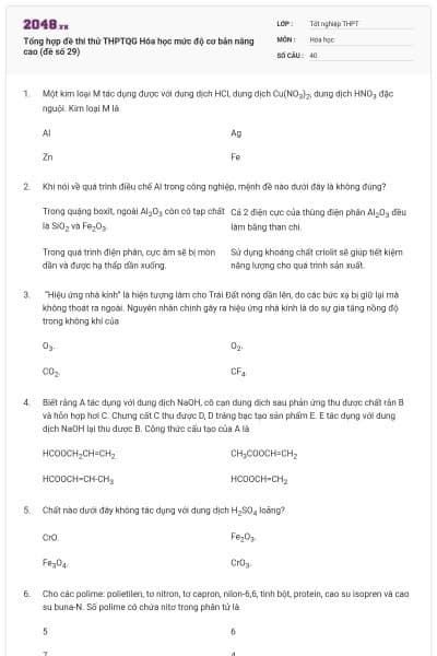 Tổng hợp đề thi thử THPTQG Hóa học mức độ cơ bản nâng cao (đề số 29)