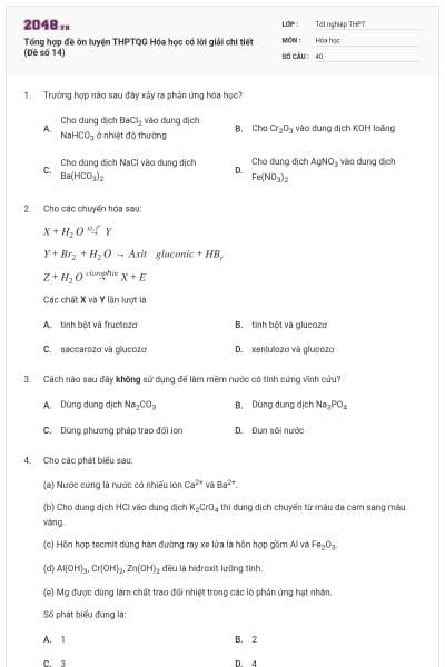 Tổng hợp đề ôn luyện THPTQG Hóa học có lời giải chi tiết (Đề số 14)