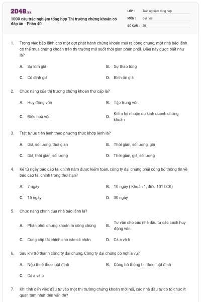 1000 câu trắc nghiệm tổng hợp Thị trường chứng khoán có đáp án - Phần 40