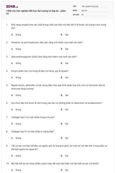 1400 câu trắc nghiệm Mô học đại cương có đáp án - phần 22