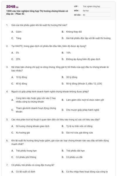 1000 câu trắc nghiệm tổng hợp Thị trường chứng khoán có đáp án - Phần 43